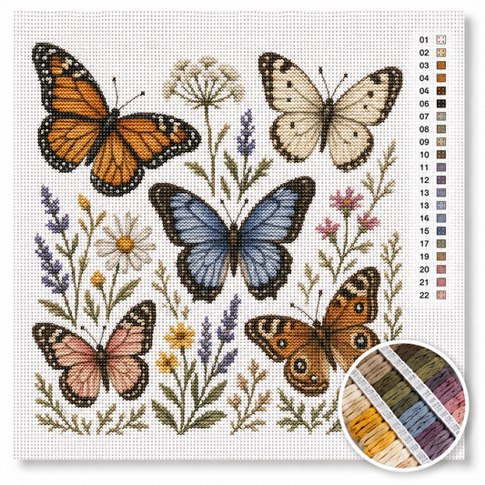 Vlinders en wilde bloemen kruissteek pakket — levendige zomerse compositie